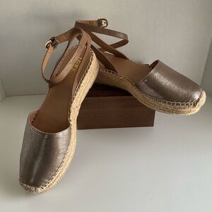 Franco Sarto Lariza Ankle-Strap Leather Espadrilles Platform Metallic Gold 8.5M